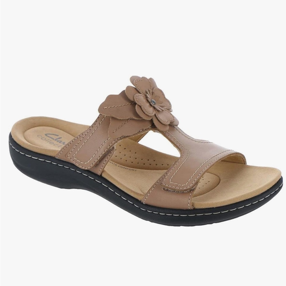 Clarks Womens Laurieann Madi Beige brown Leather Slip On Slide Sandals Shoes - Picture 3 of 6